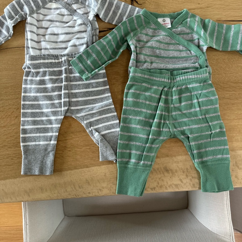 Hanna Andersson Green and Gray Striped Footies Soft One Pieces